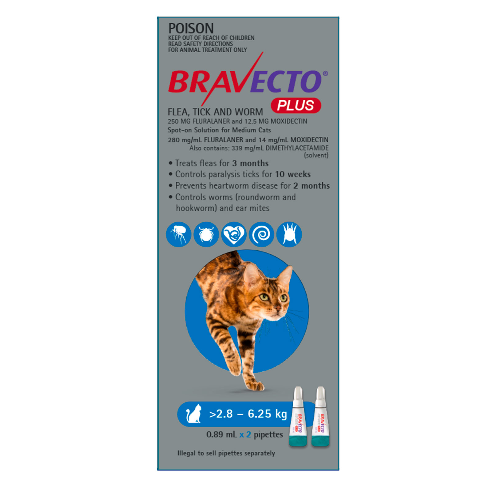 Bravecto Plus Spot On For Medium Cats 2.8 6.25kg 2 Pack 52.99