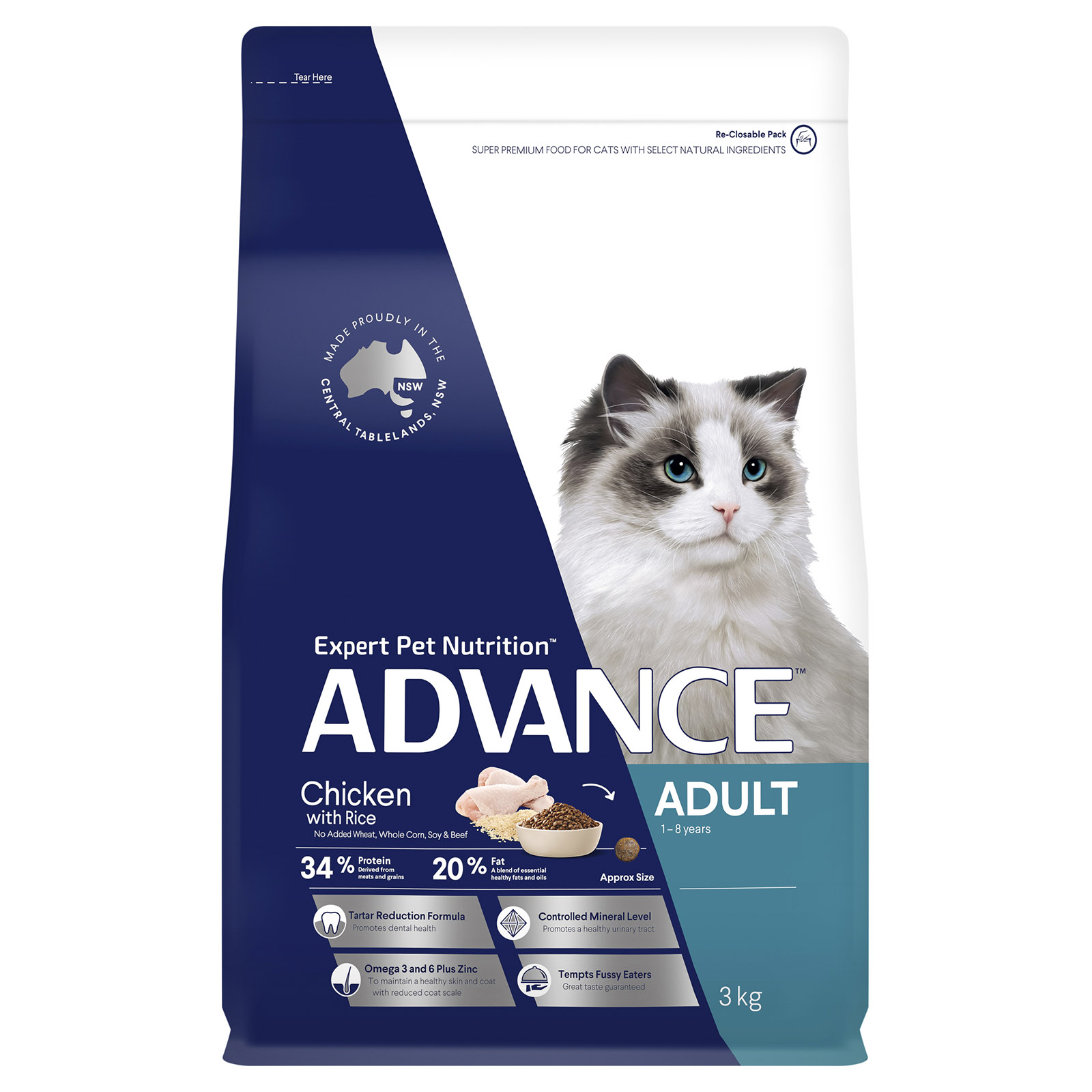 Advance Chicken With Rice Adult 1 8yrs Dry Cat Food 3kg 45.02