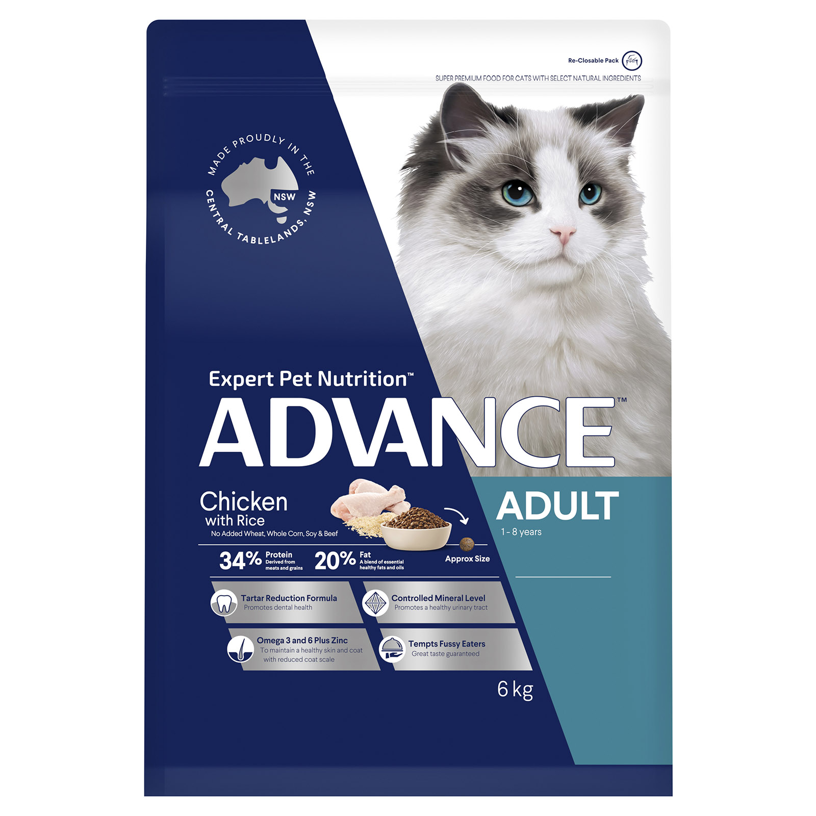 Advance Chicken With Rice Adult 1 8yrs Dry Cat Food 6kg 72.86