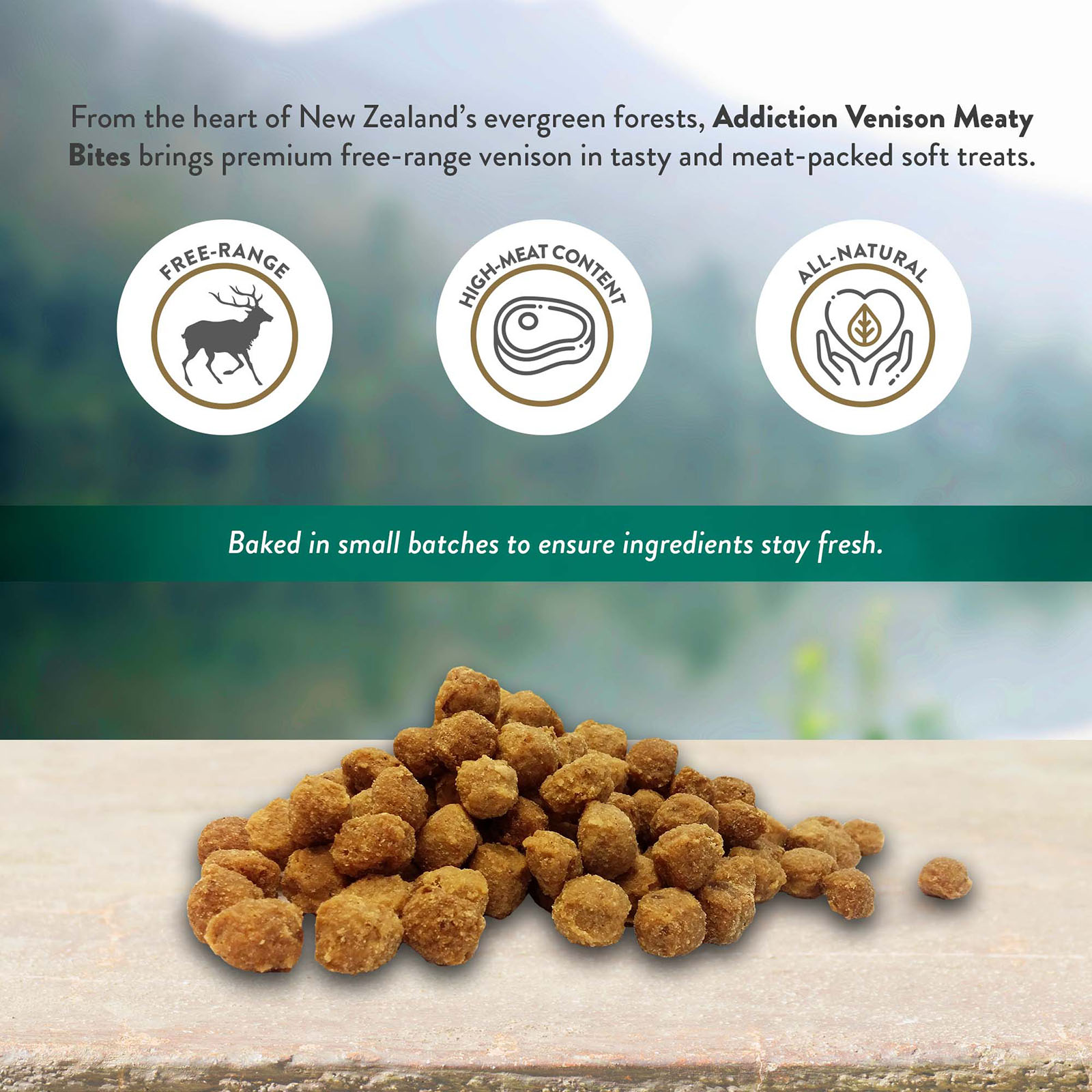 Image showcasing Addiction Meaty Bites Venison Recipe Grain Natural Air Dried Treats For ...