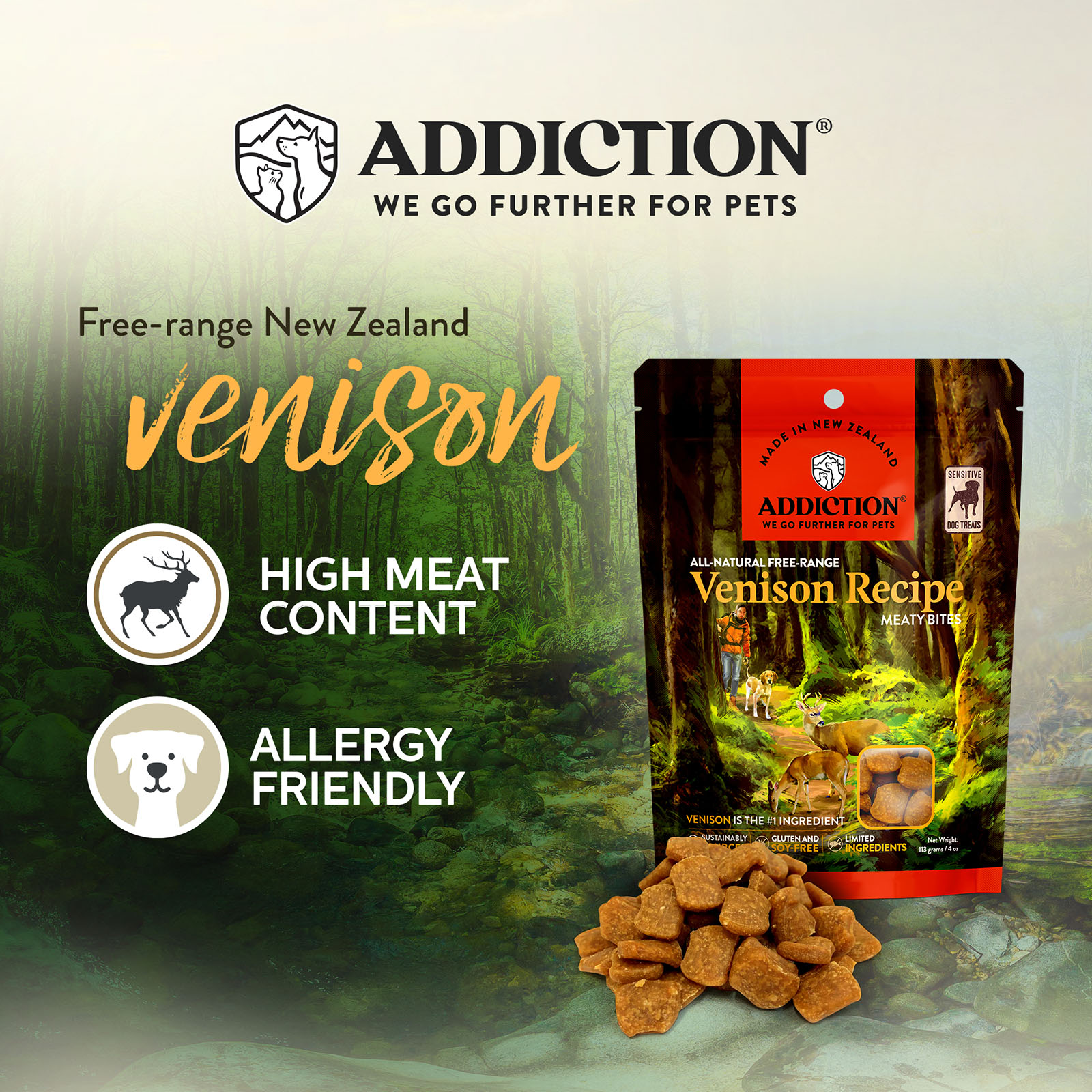 Addiction Meaty Bites Venison Recipe Grain Natural Air Dried Treats For ...