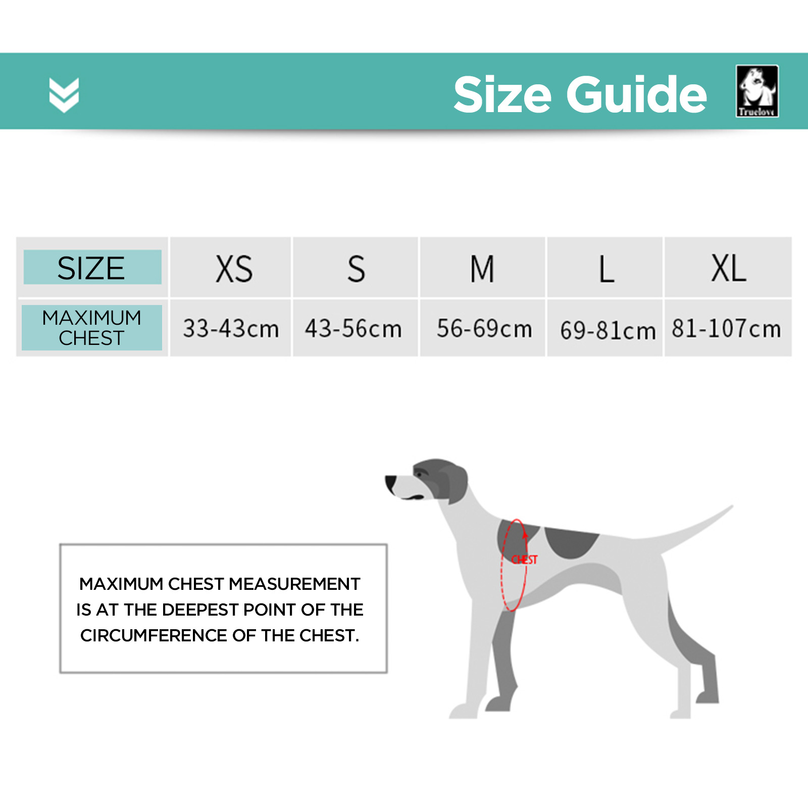 Truelove dog hotsell harness size guide