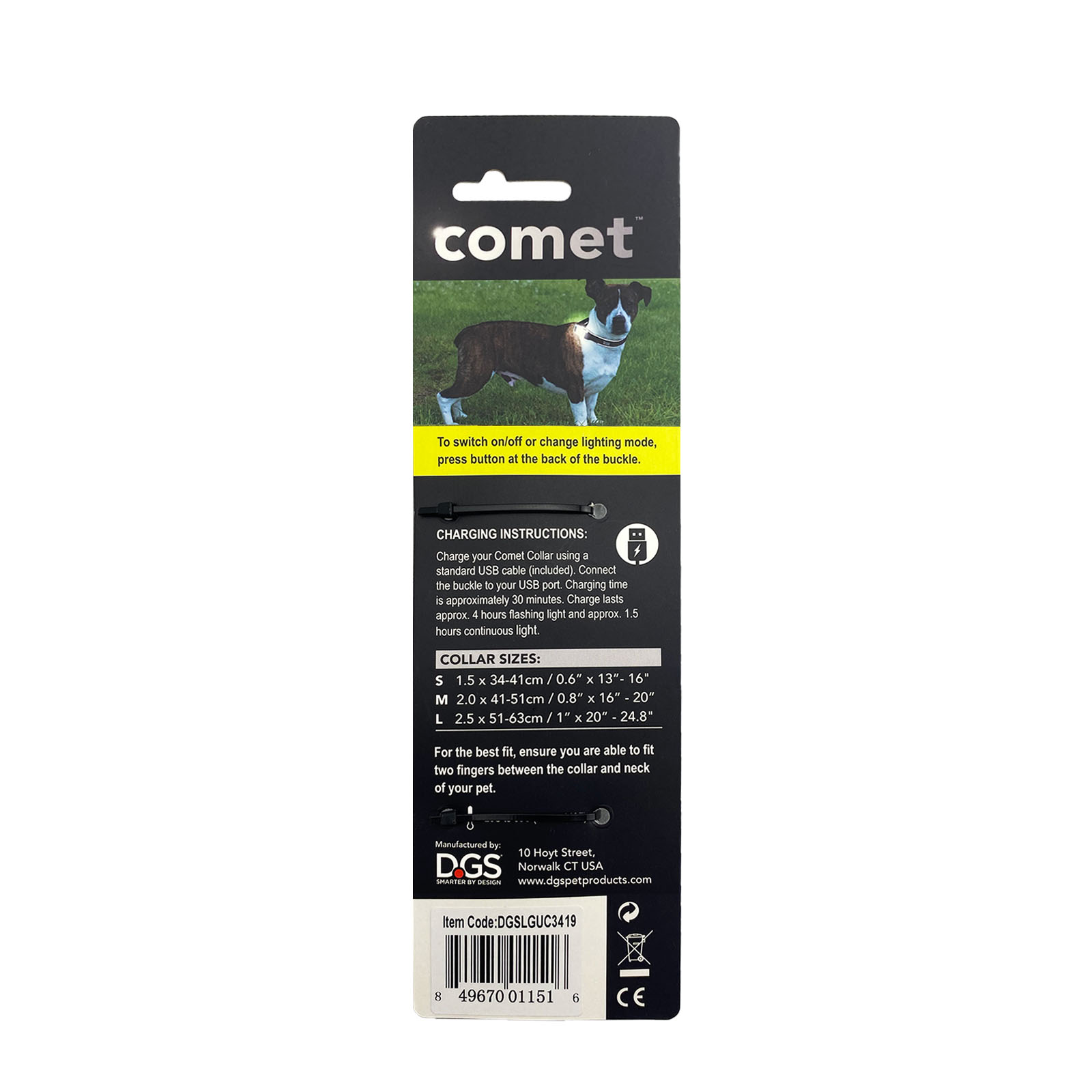 DGS Comet Rechargeable LED Light Waterproof Safety Collar Black