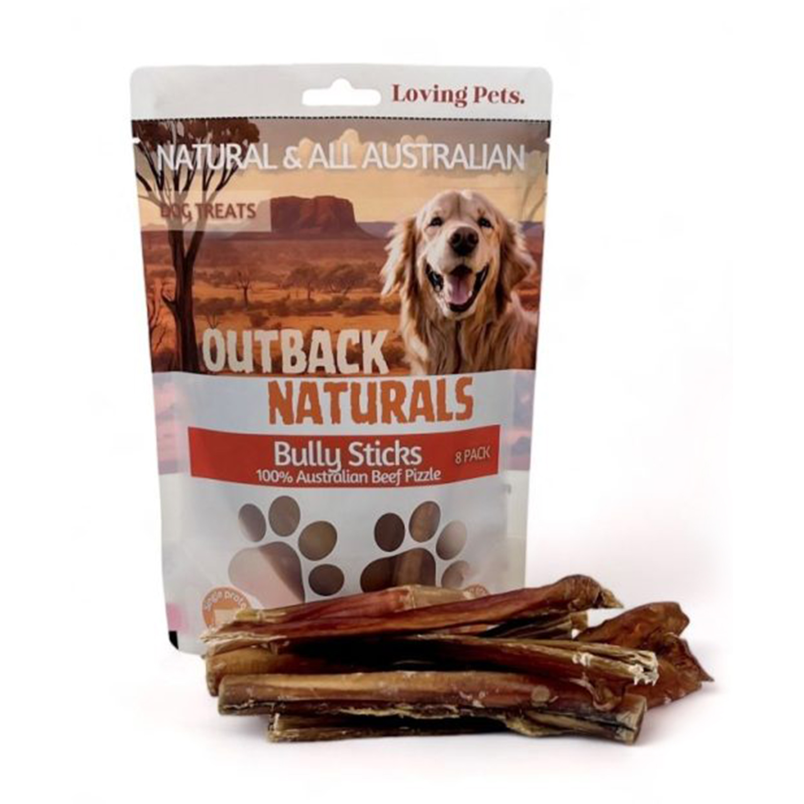 Loving Pets Outback Naturals BullySticks Australian Air Dried Grain Free Beef Pizzle Natural Treats For Dogs 8 Pack 23.78