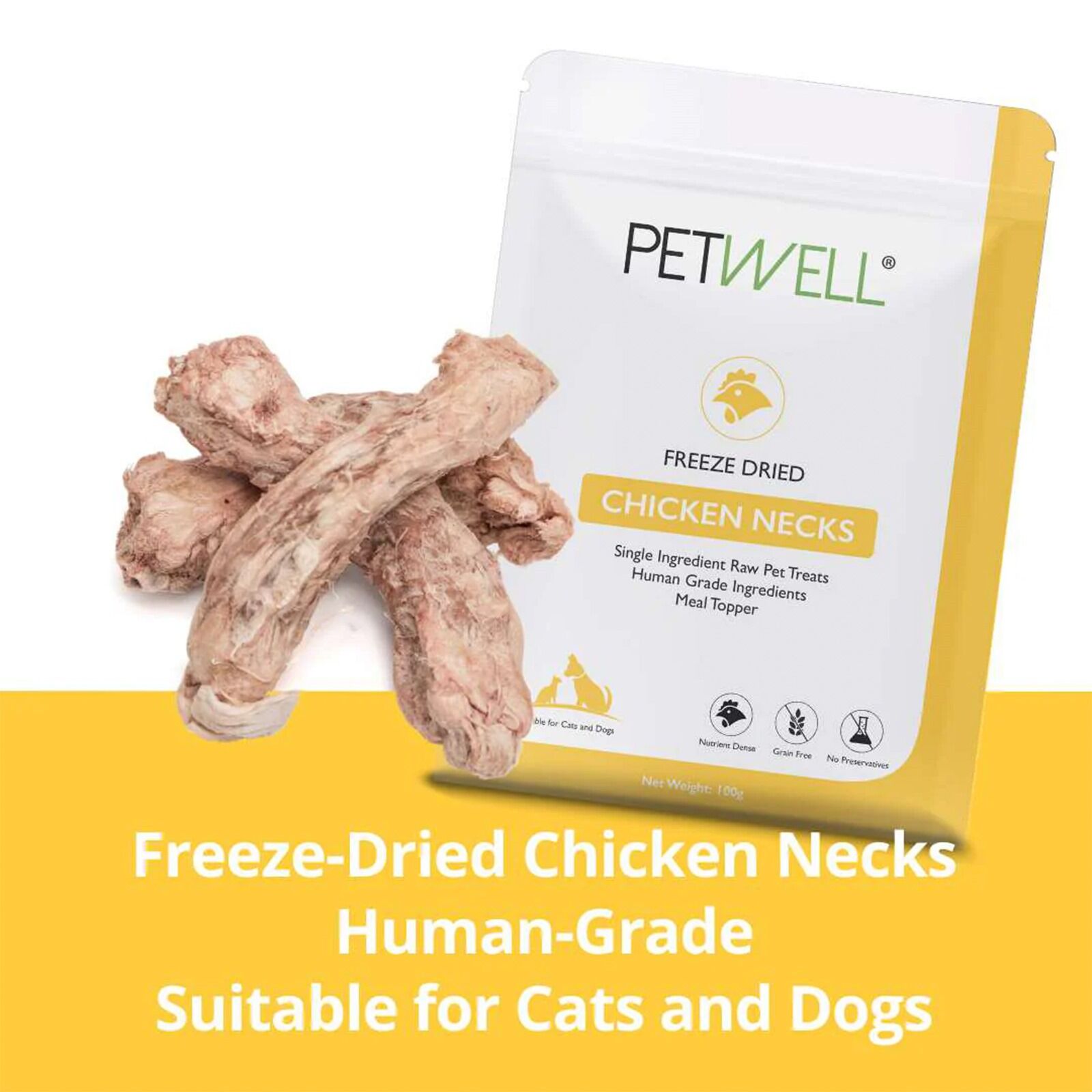 PetWell Freeze Dried Chicken Necks Single Ingredient Grain Free Meal Topper Treats For Dogs And Cats 100gm 12.76